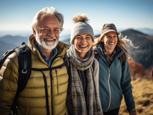 Seniors en randonnée profitant de la nature et des rencontres