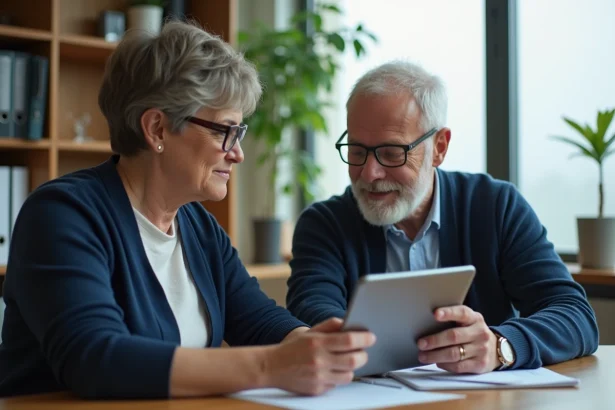Accompagnatrice sociale aidant un majeur protégé à utiliser l'interface Mon proxima.fr sur une tablette numérique dans un bureau administratif chaleureux