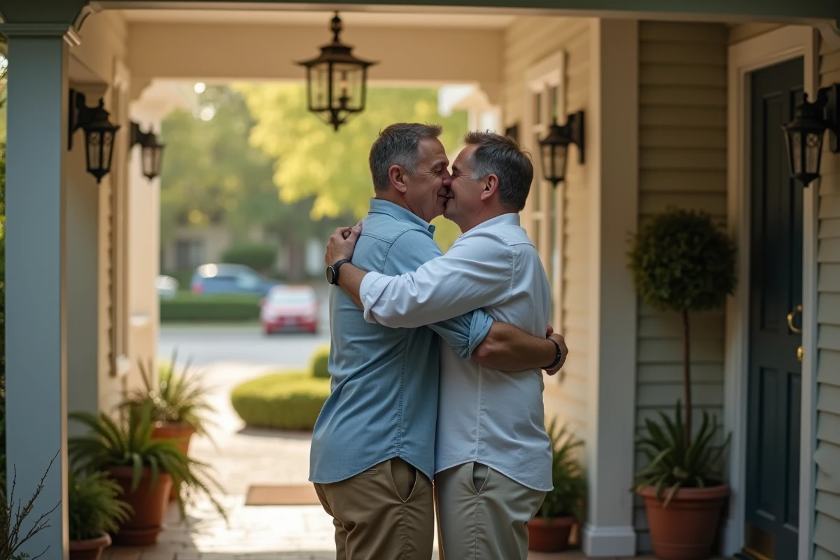Deux hommes se font un adieu chaleureux devant une maison