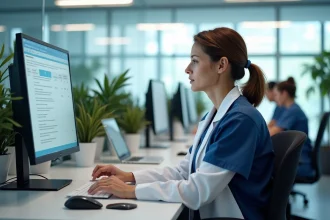 Administratrice hospitalière consultant un logiciel de migration numérique médicale sur son ordinateur de bureau