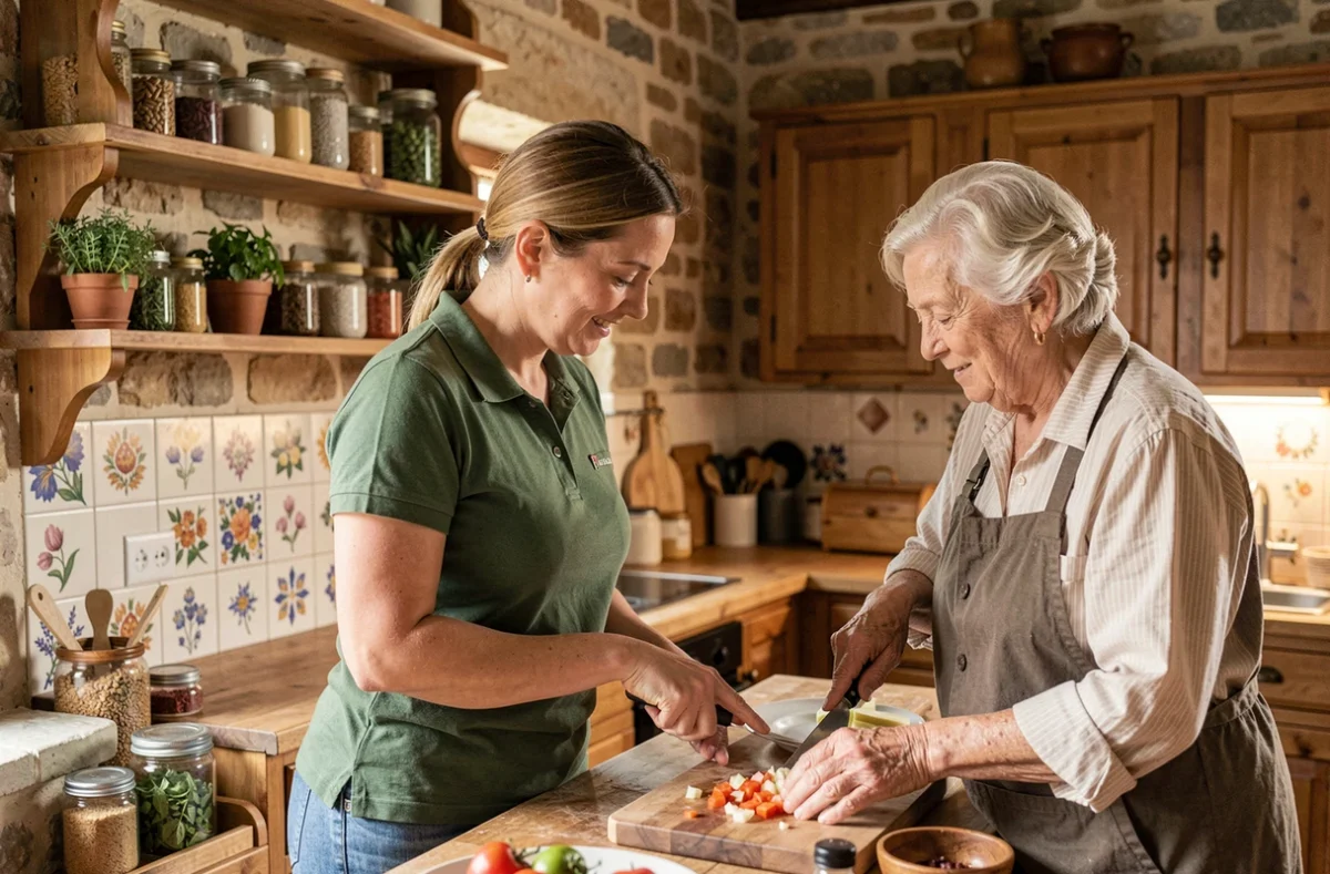 Une aide à domicile de l'ADMR Bohain Fresnoy aide une personne âgée à préparer un repas dans une cuisine rurale française