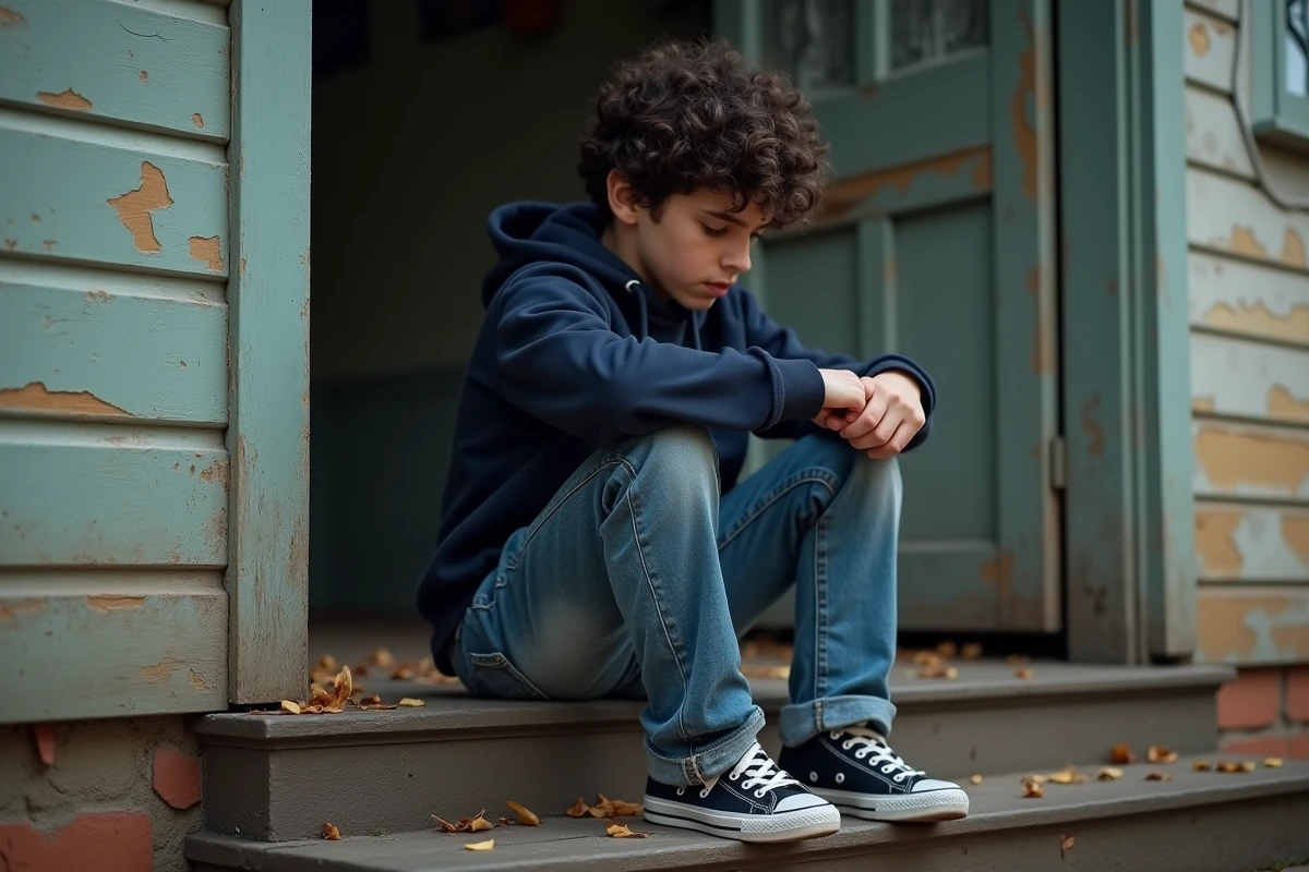 Adolescent assis sur des escaliers en bois devant un immeuble ancien
