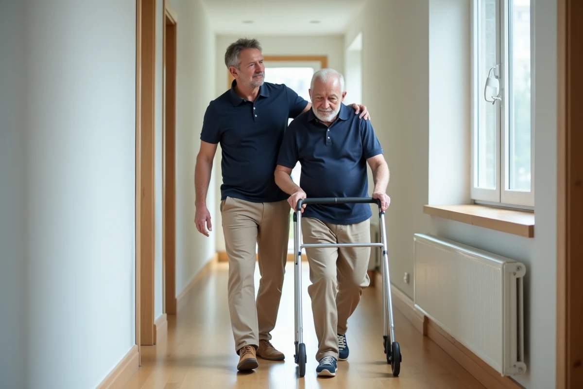 Aide à domicile accompagnant un senior fragile dans son couloir avec un déambulateur, service d'aide aux personnes âgées à Lille