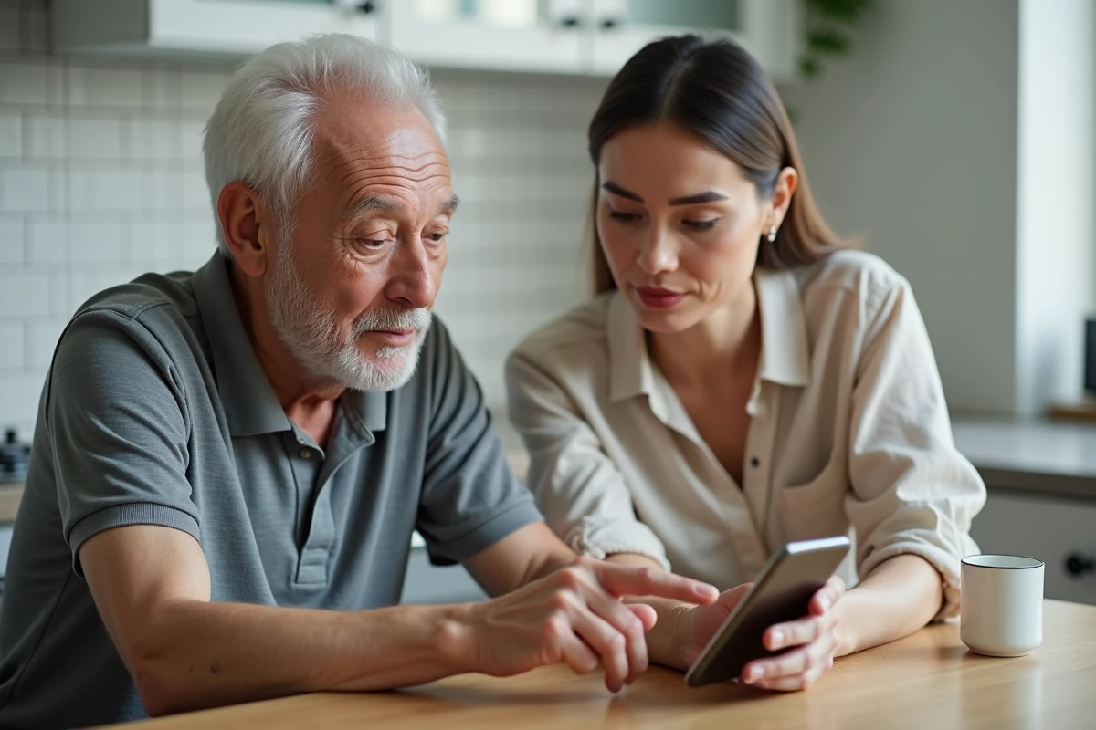 Senior apprenant à utiliser un smartphone simple avec l'aide d'une proche dans une cuisine