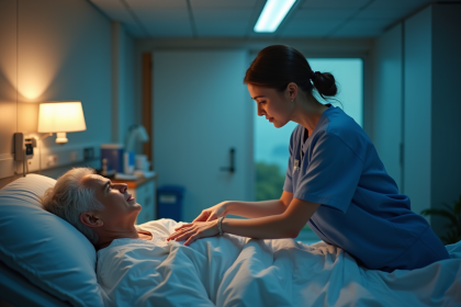 Aide-soignante douce ajustant la couverture d'un patient dans une chambre d'hôpital