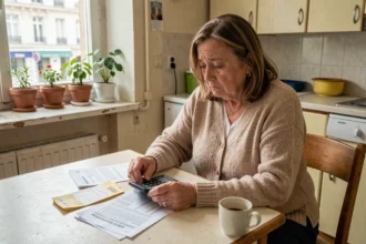 Aide-soignante retraitée qui examine ses finances et ses factures à la table de sa cuisine