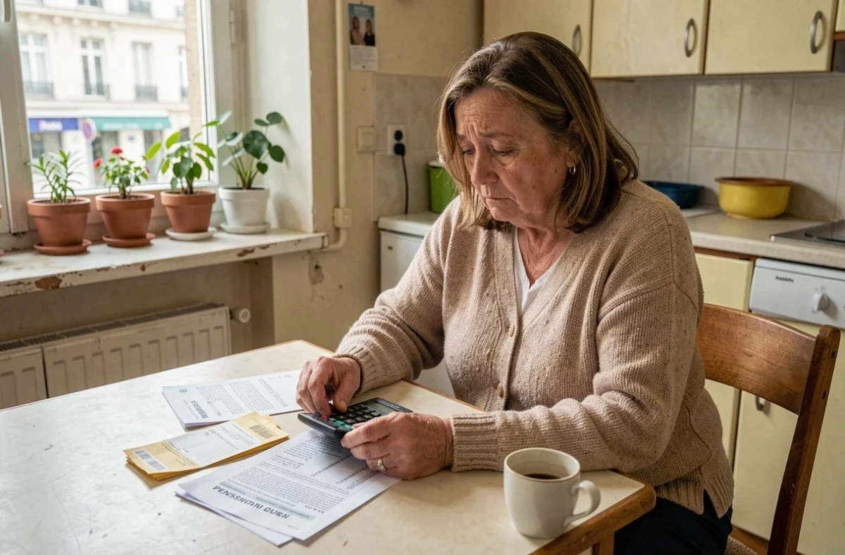 Aide-soignante retraitée qui examine ses finances et ses factures à la table de sa cuisine