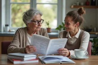 Femme âgée et jeune discutent d'un guide d'aide aux aidants