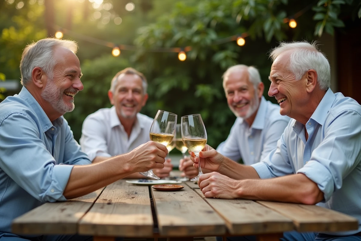 Groupe d'amis sexagénaires riant ensemble autour d'un SMS humoristique lors d'une fête d'anniversaire en terrasse