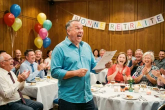 Animateur tenant un texte de chanson parodique lors d'une soirée de départ en retraite dans une salle de banquet décorée