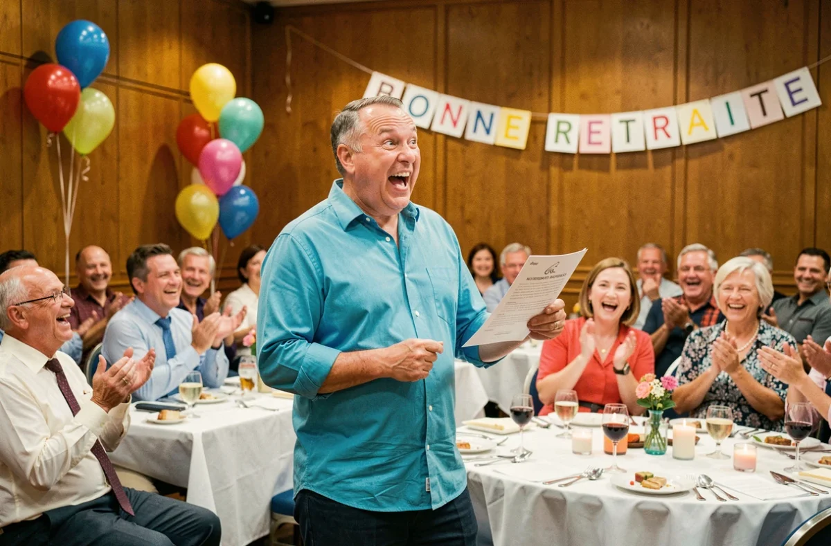 Animateur tenant un texte de chanson parodique lors d'une soirée de départ en retraite dans une salle de banquet décorée