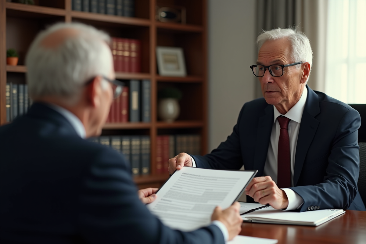 Avocat professionnel remet un document officiel à une personne âgée