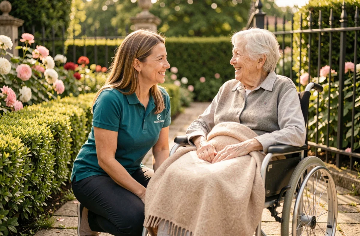 Une auxiliaire de vie Azaé Château-Thierry accompagne une dame en fauteuil roulant dans un jardin fleuri