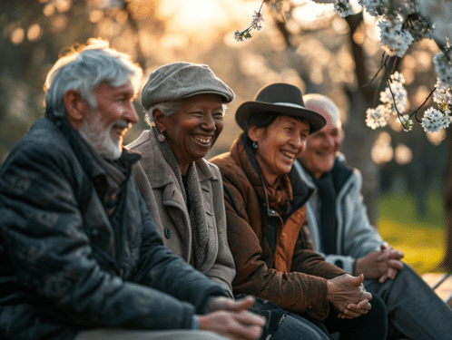 Seniors souriants lors d'une activité de groupe en plein air