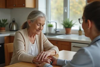 Une aide-soignante pose un bracelet GPS de localisation au poignet d'une femme âgée atteinte d'Alzheimer dans une cuisine familiale chaleureuse