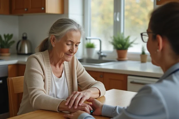 Une aide-soignante pose un bracelet GPS de localisation au poignet d'une femme âgée atteinte d'Alzheimer dans une cuisine familiale chaleureuse