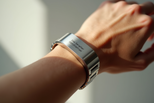 Bracelet médical en acier sur poignet avec informations gravées