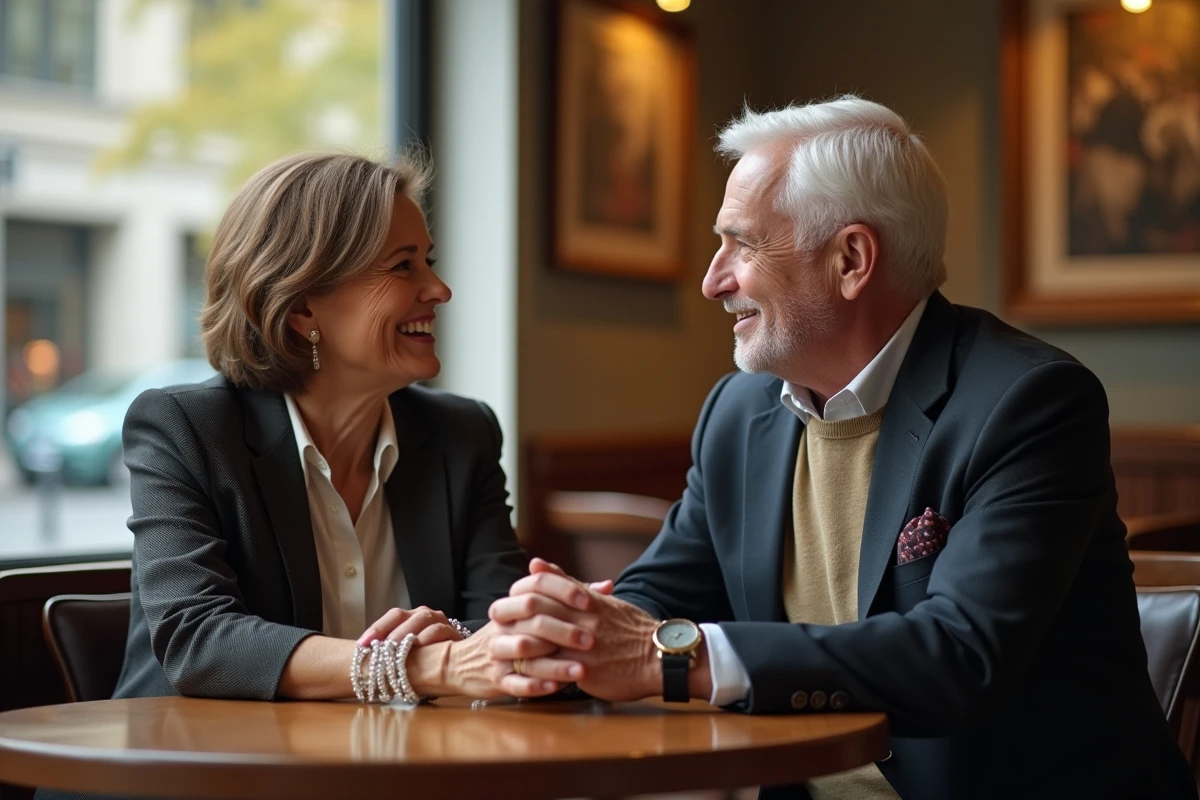 Duo d'élégants seniors partageant un café en intérieur