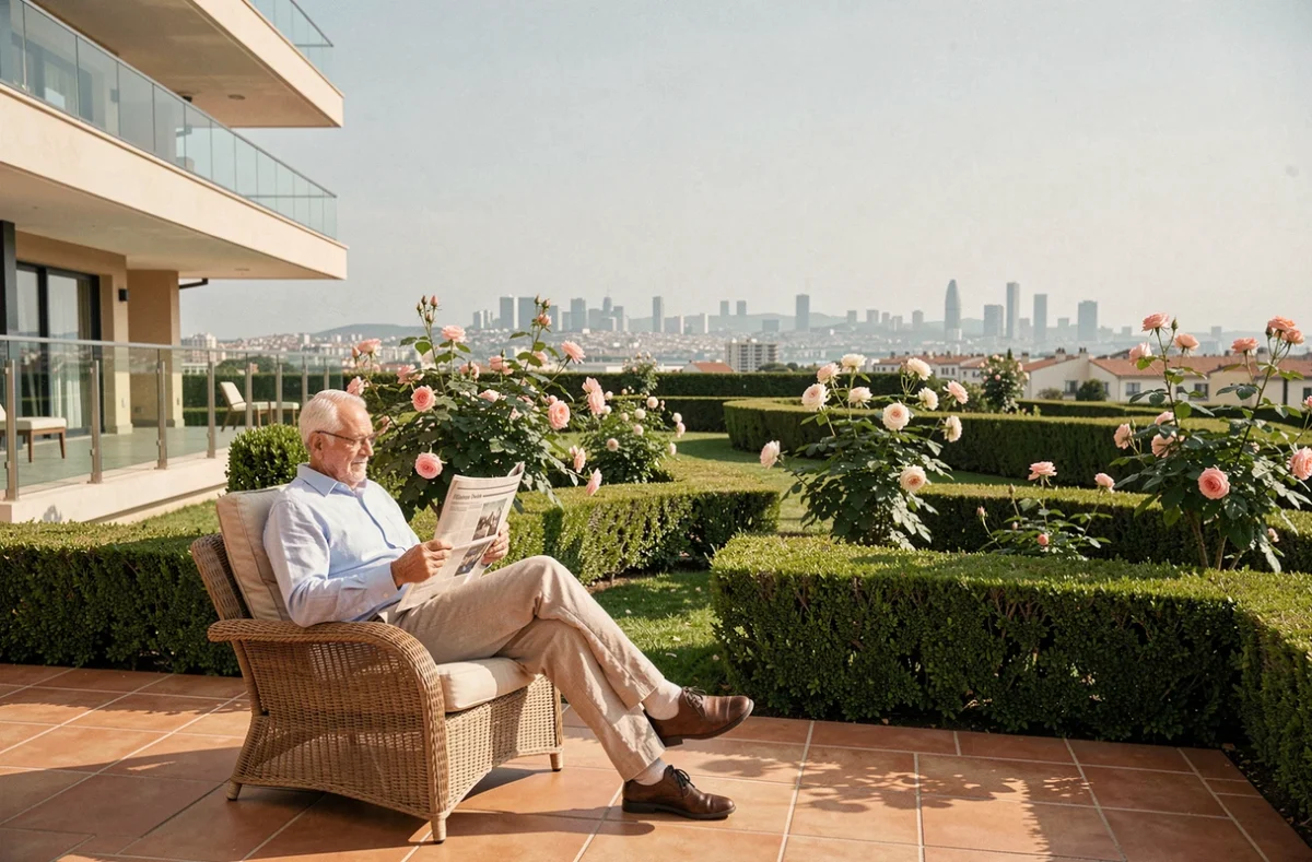Un résident âgé lisant sur la terrasse extérieure du Cogedim Club Nohée Marseille Michelet avec vue sur la ville et un jardin soigné