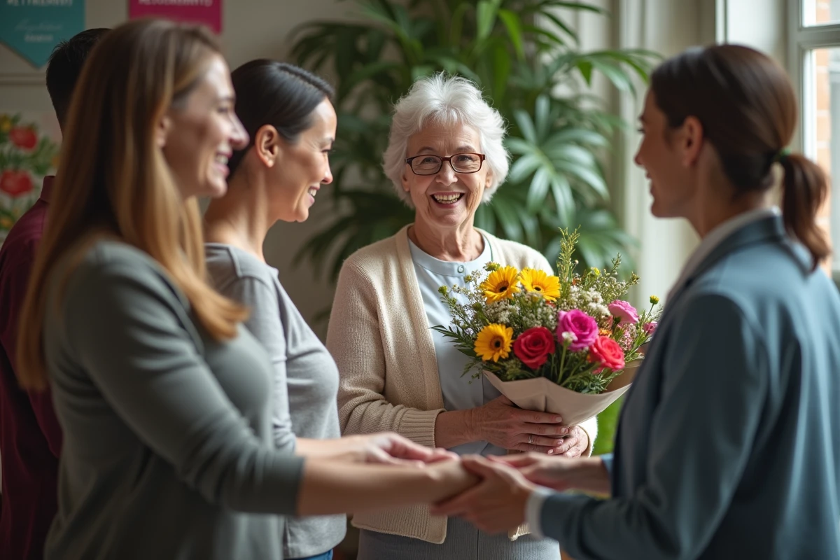 Collegues souriants offrant des fleurs lors d une reception