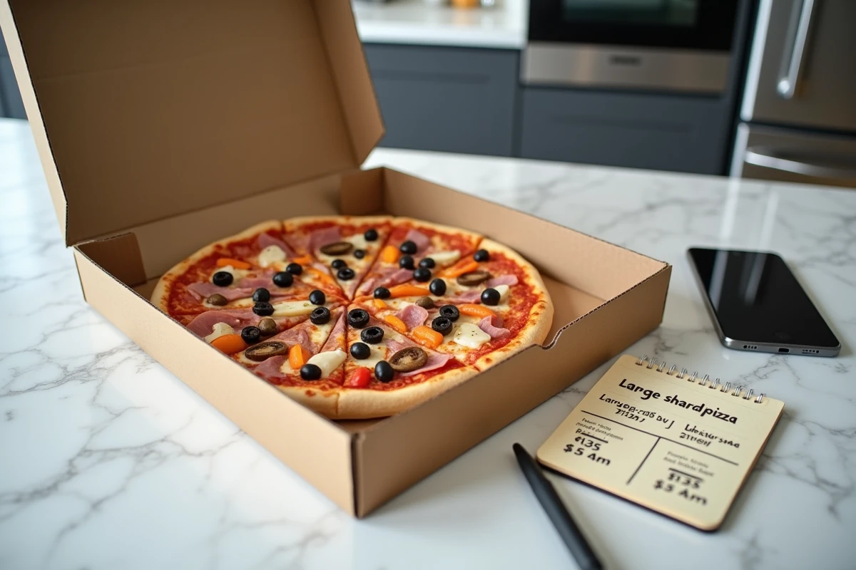 Boîte de pizza ouverte sur un comptoir de cuisine avec une feuille de comparaison de prix manuscrite, illustrant le calcul économique d'une grande pizza partagée