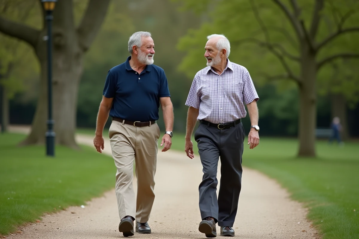 Deux hommes d'âges différents marchant côte à côte dans un parc, comparaison de la vitesse de marche selon l'âge