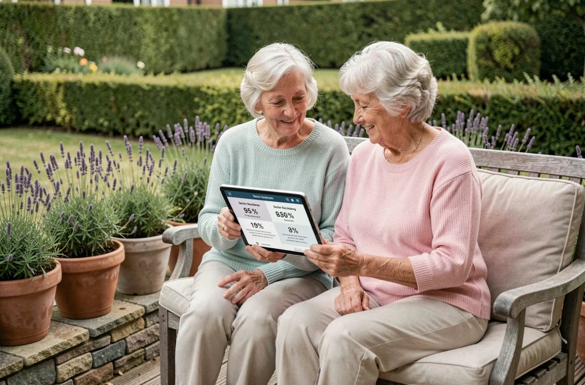 Deux résidentes seniors comparent les prix et services de résidences senior sur une tablette dans un espace extérieur aménagé