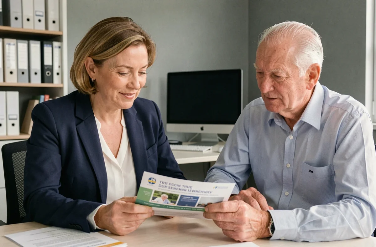 Conseiller financier expliquant les aides pour maison de repos à un senior belge en bureau