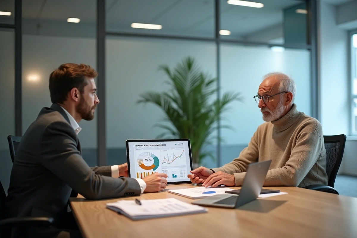 Conseiller financier présentant les projections de retraite complémentaire à un client senior en agence