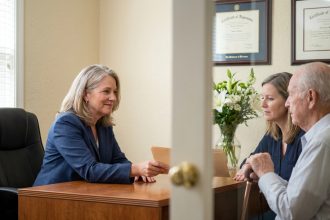 Conseiller funeraire aidant une famille dans un bureau chaleureux