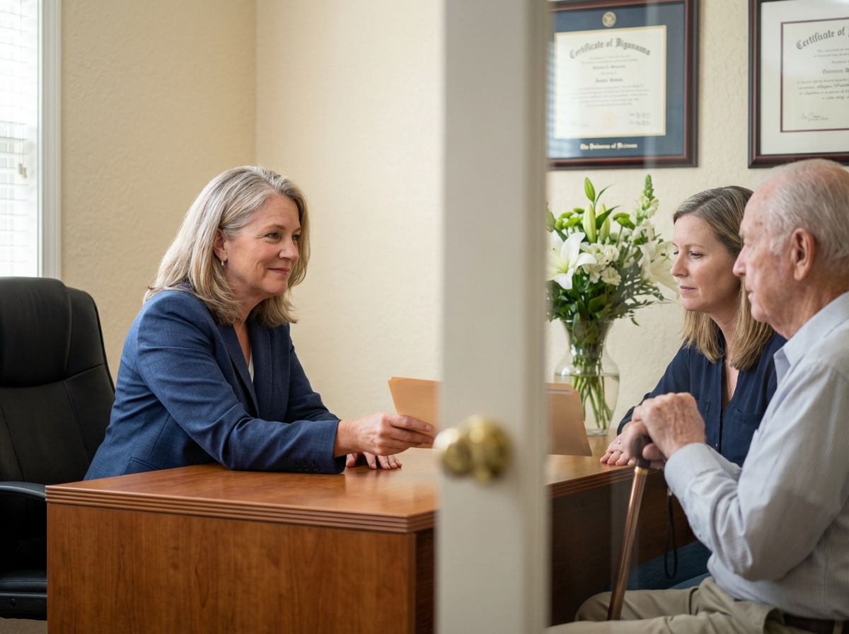 Conseiller funeraire aidant une famille dans un bureau chaleureux