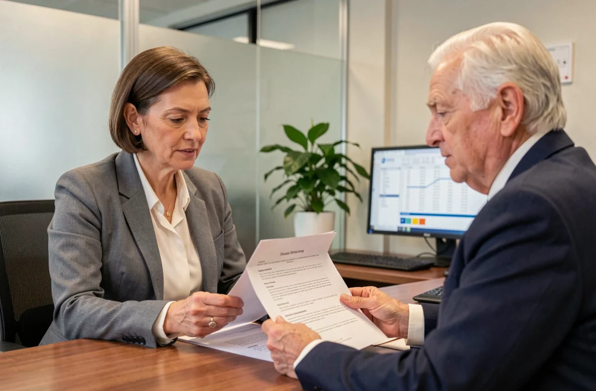 Conseillère financière expliquant les droits de transfert de contrat de retraite mutualiste à un client retraité