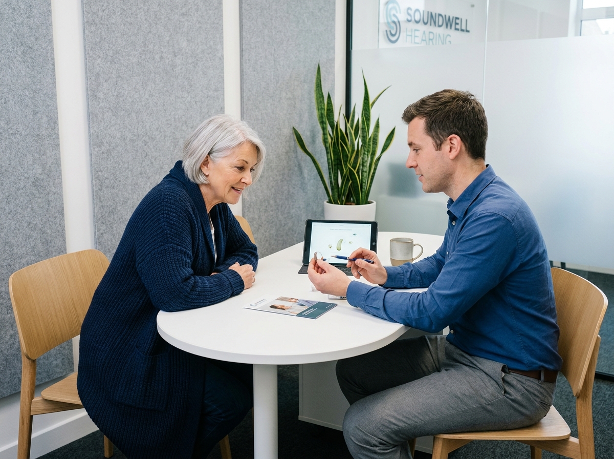 Femme senior en consultation avec un audiologiste dans un centre auditif moderne pour choisir une aide auditive adaptée