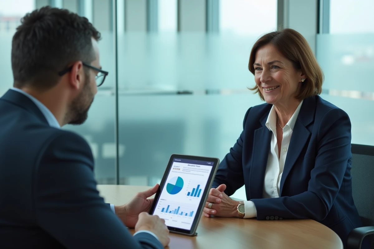 Femme de 60 ans en consultation avec un conseiller financier pour comprendre les conséquences du dépassement du plafond de retraite