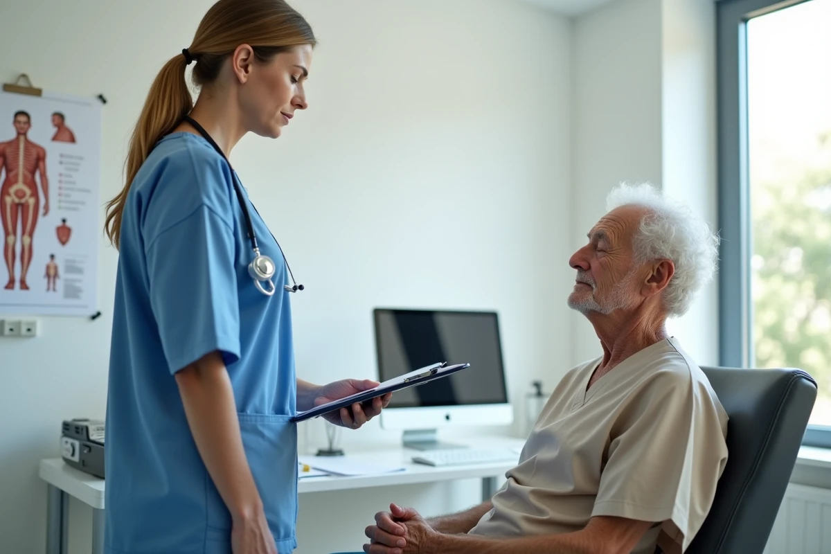 Médecin gériatre évaluant un patient âgé somnolent en consultation, diagnostic de la somnolence diurne excessive chez la personne âgée