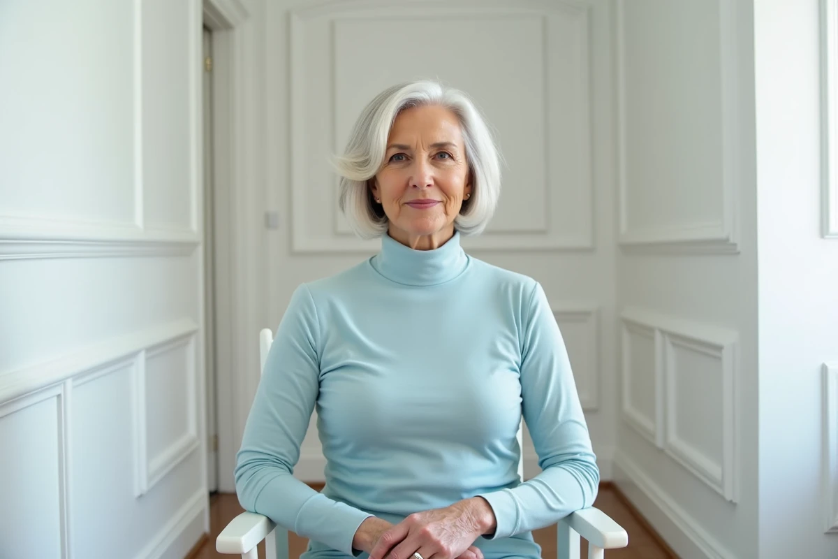 Femme de 70 ans avec coupe courte blanche en bob assise dans un couloir blanc épuré, style naturel sans entretien