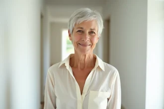 Femme âgée aux cheveux courts argentés devant un couloir blanc, coupe pixie naturelle illuminant le teint