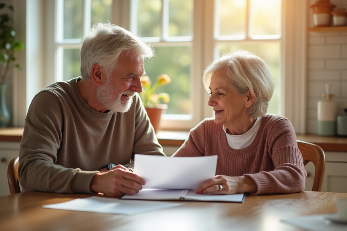 Couple d'âge moyen heureux examinant des documents d'adoption