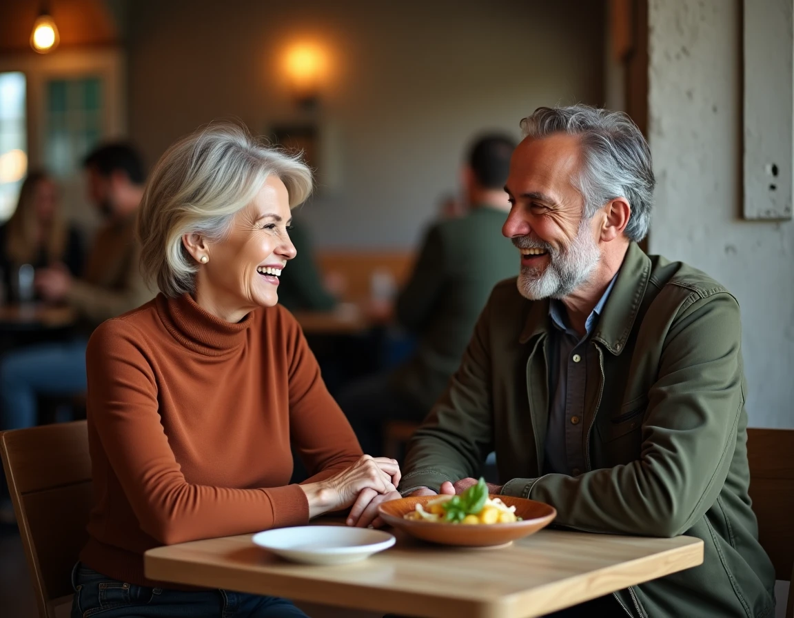 Couple de cinquantenaires riant ensemble lors d'un premier rendez-vous dans un restaurant contemporain