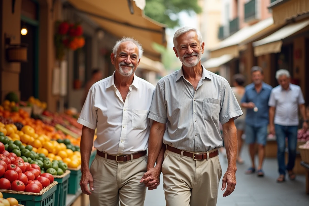 Couple âgé marchant dans un marché espagnol