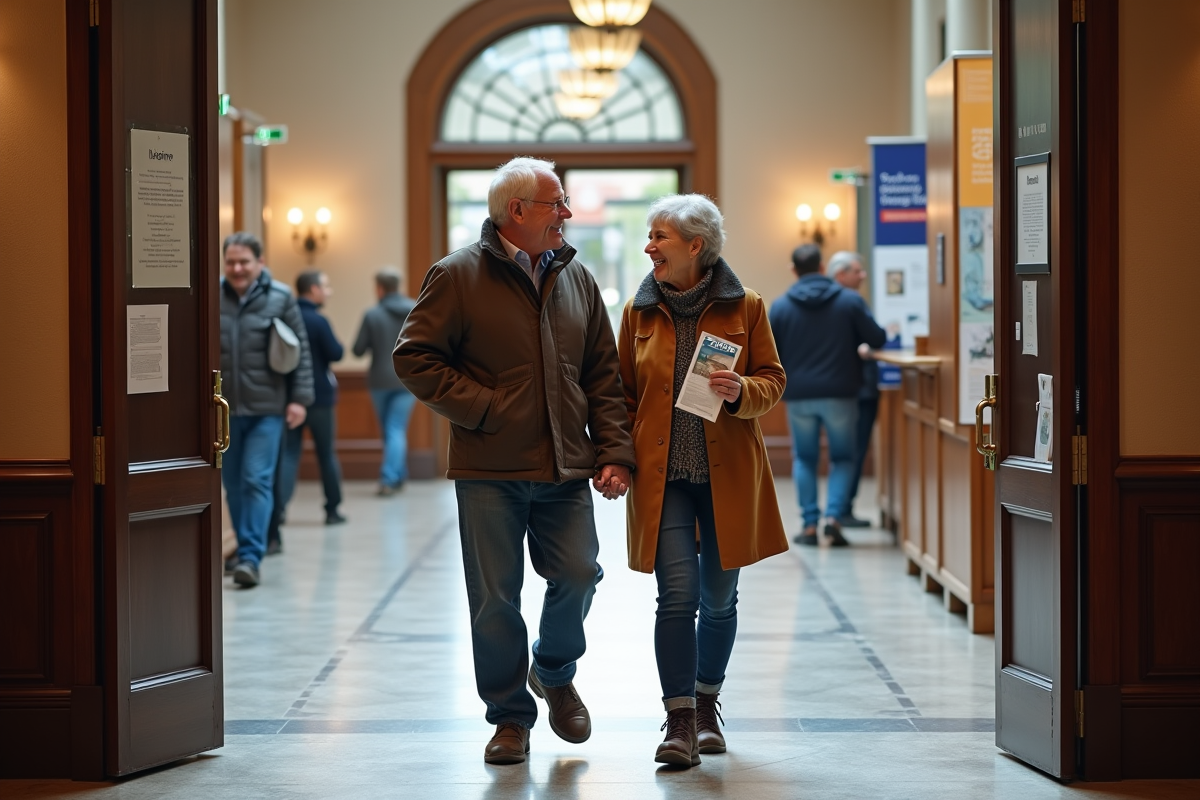 Couple de retraités entrant joyeusement dans un musée avec brochure gratuite