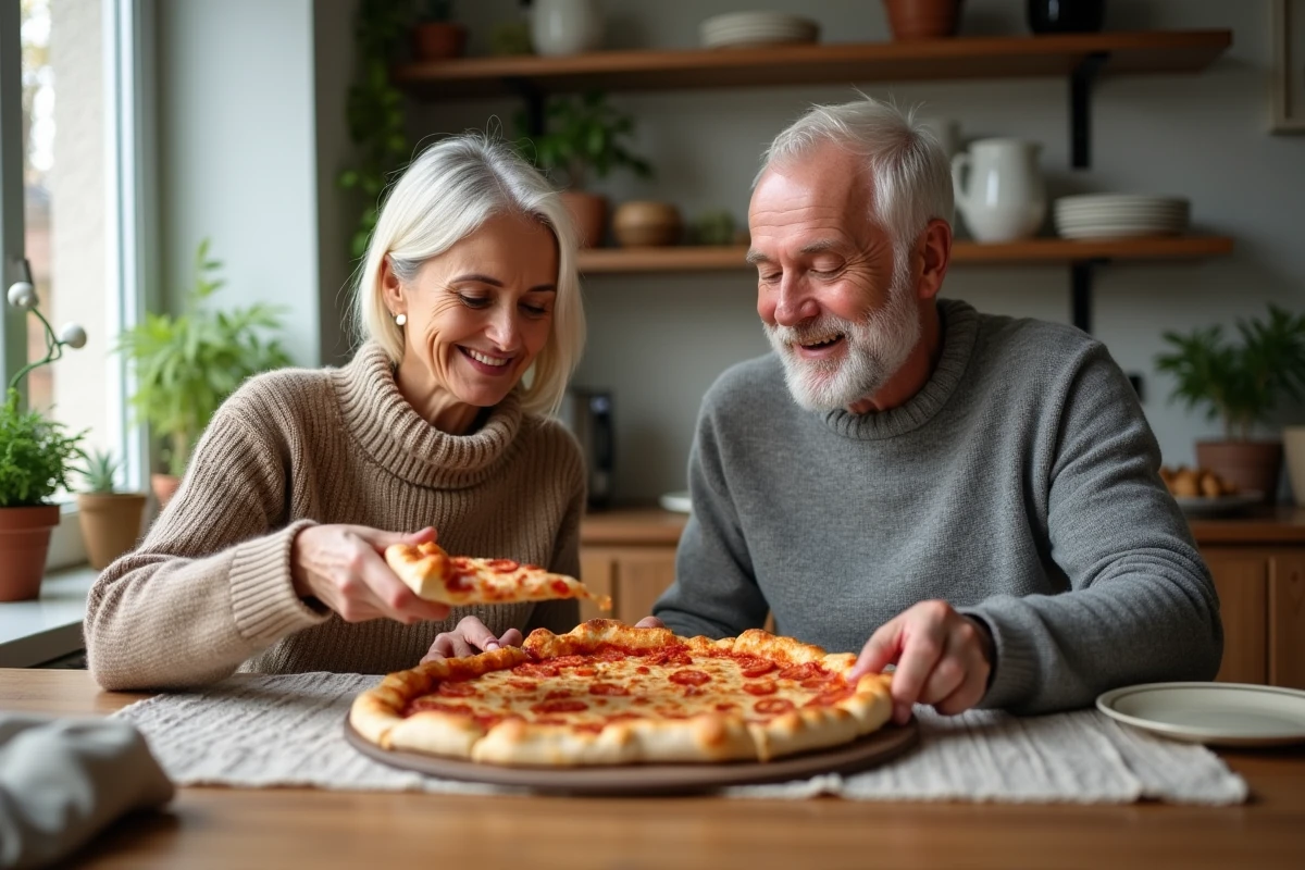 Couple de cinquantenaires partageant une grande pizza à la maison, la femme servant une part à son partenaire dans une ambiance chaleureuse et décontractée