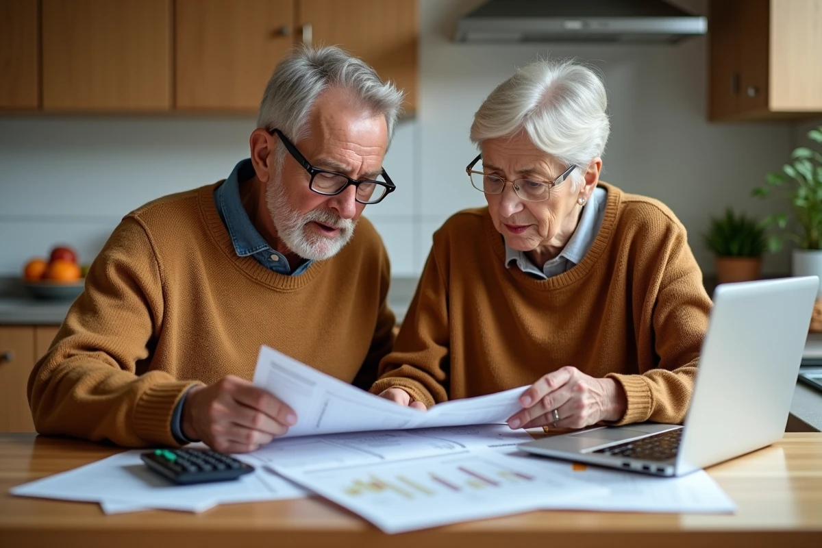 Couple de retraités étudiant ensemble leurs documents de pension à la cuisine, face aux enjeux du plafond annuel de revenus de retraite