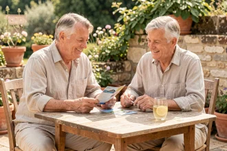 Couple de retraités consultant des chèques vacances sur une terrasse de jardin en France