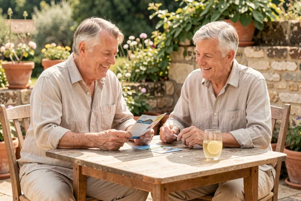 Couple de retraités consultant des chèques vacances sur une terrasse de jardin en France