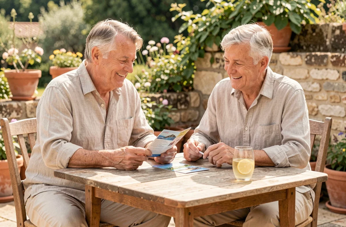 Couple de retraités consultant des chèques vacances sur une terrasse de jardin en France