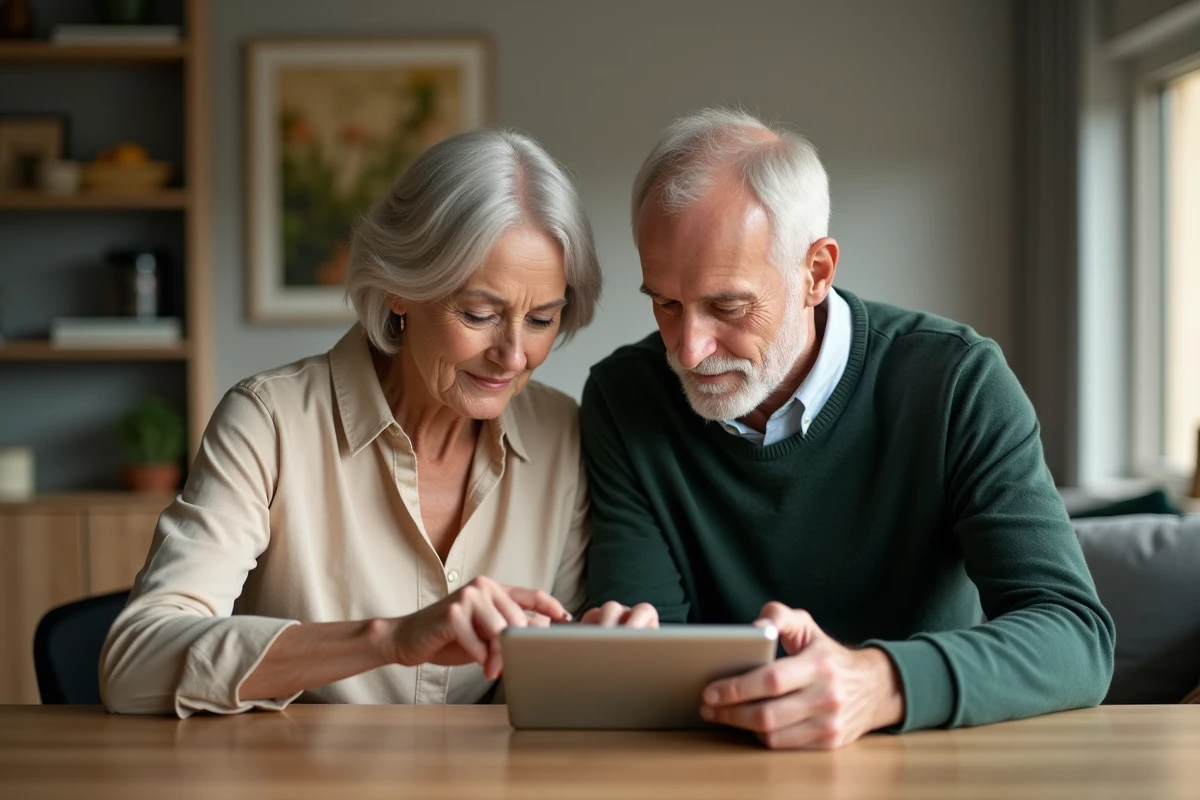Couple de retraités consultant ensemble leur espace personnel Agirc Arrco sur une tablette numérique via France Connect