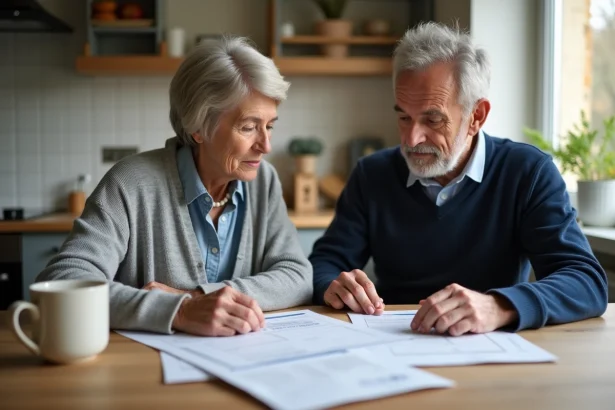 Couple de retraités examinant leurs relevés de retraite complémentaire à la table de cuisine