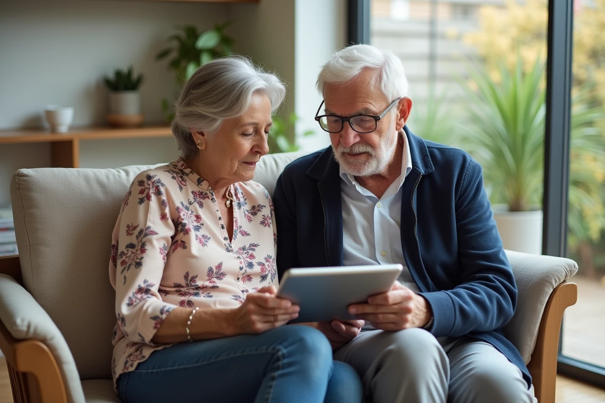Couple de retraités consultant les options de financement d'une maison de retraite sur une tablette