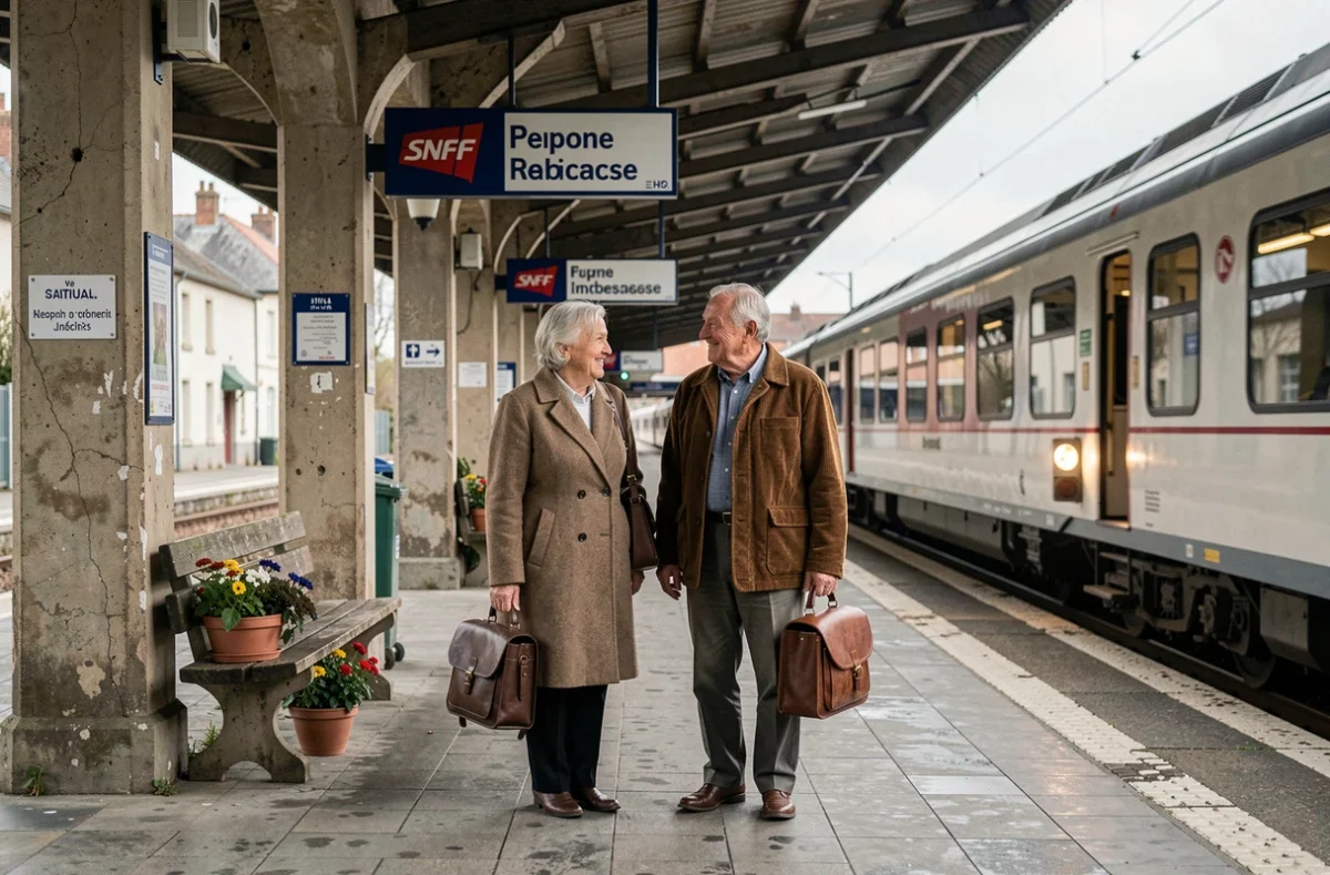 Couple de retraités SNCF utilisant leur avantage voyage en gare de province